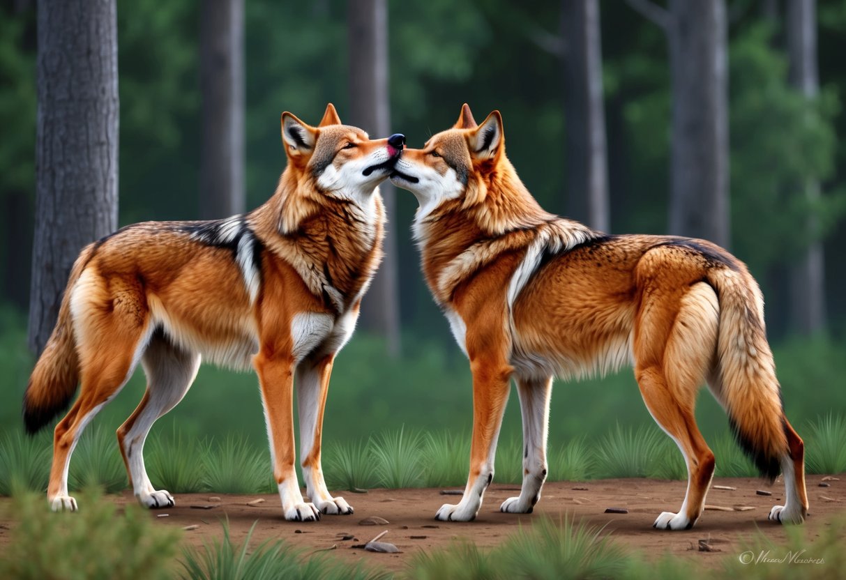 Two red wolves engaging in courtship behavior, nuzzling and nipping at each other's necks, in a forest clearing