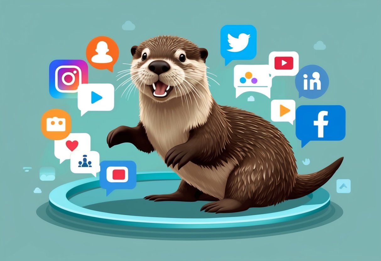 A playful otter surrounded by social media icons and notifications, representing the impact of social media on the animal world