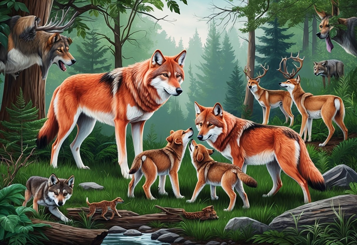 A red wolf family in a forest, surrounded by lush greenery and diverse wildlife.</p><p>The parents are teaching their pups about hunting and survival