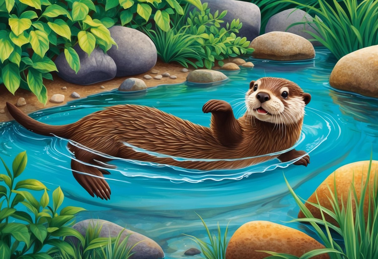 An otter swimming playfully in a clear, shallow stream, surrounded by lush green foliage and colorful rocks