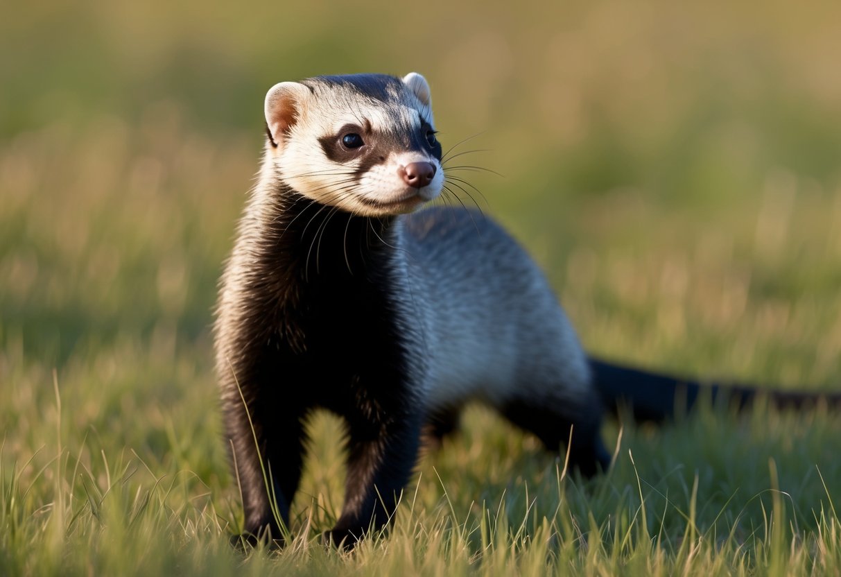 A black-footed ferret stands alert in a grassy prairie, its sleek body and distinctive facial mask catching the sunlight