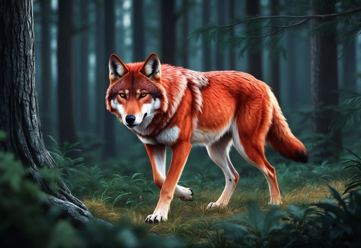 A red wolf prowls through a dense forest, ears alert and eyes focused, ready to defend its territory