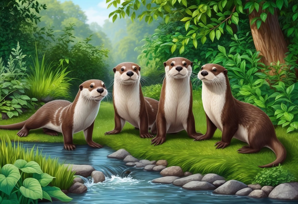 A family of river otters playing in a natural habitat, surrounded by lush greenery and a gently flowing stream