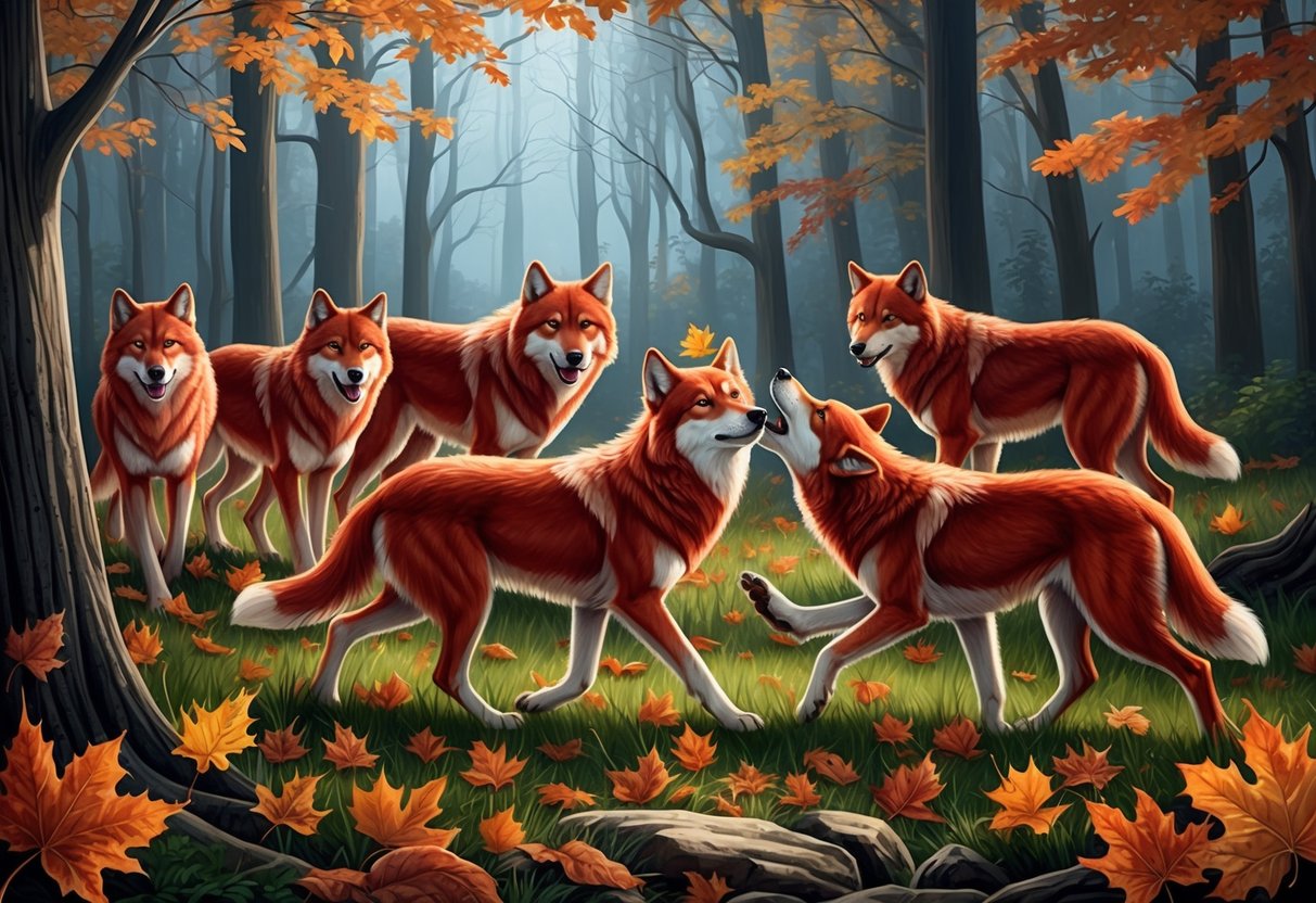 A pack of red wolves roam through a dense forest, their red fur blending in with the autumn leaves.</p><p>The alpha stands proudly, while the rest playfully interact with each other