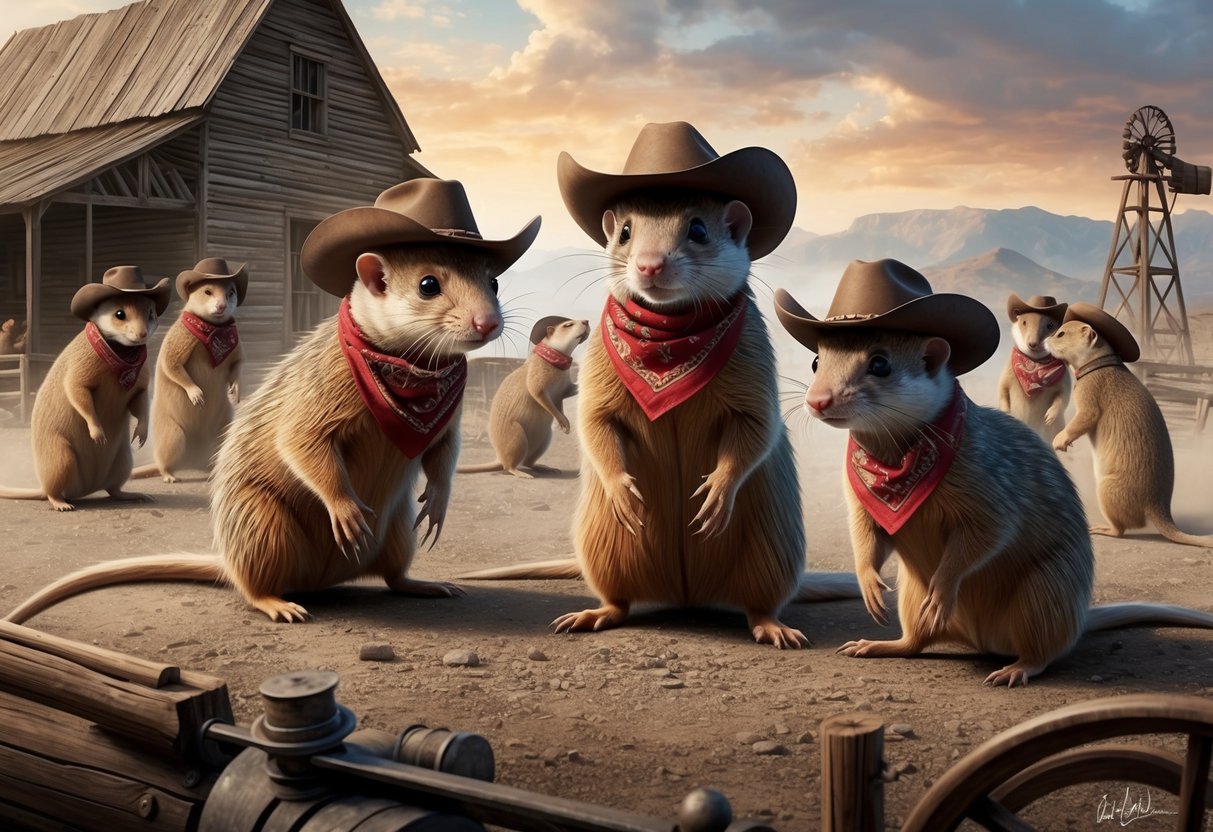 Weasels wearing cowboy hats and bandanas gather around a dusty old mill in the Wild West