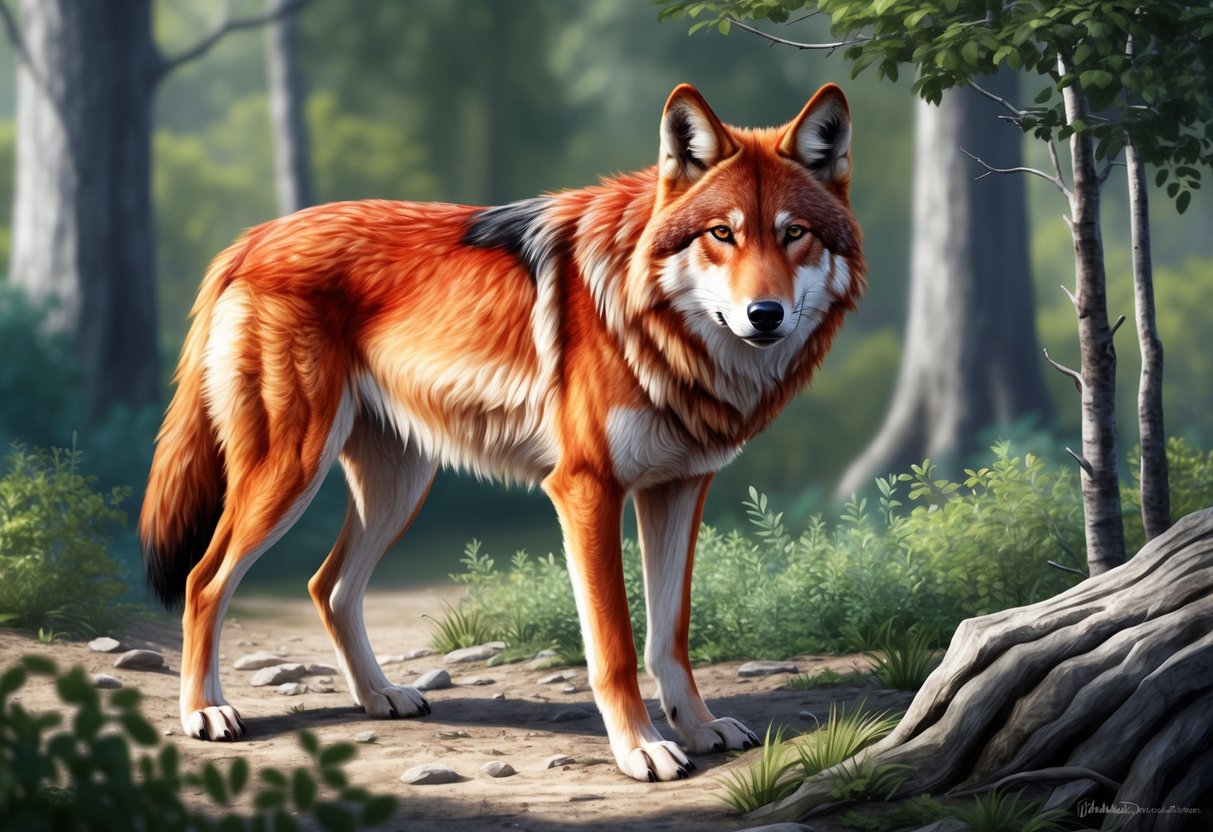 A red wolf standing in a natural habitat, surrounded by trees and foliage.</p><p>Its ears are perked up and its gaze is focused, exuding a sense of alertness and wild beauty