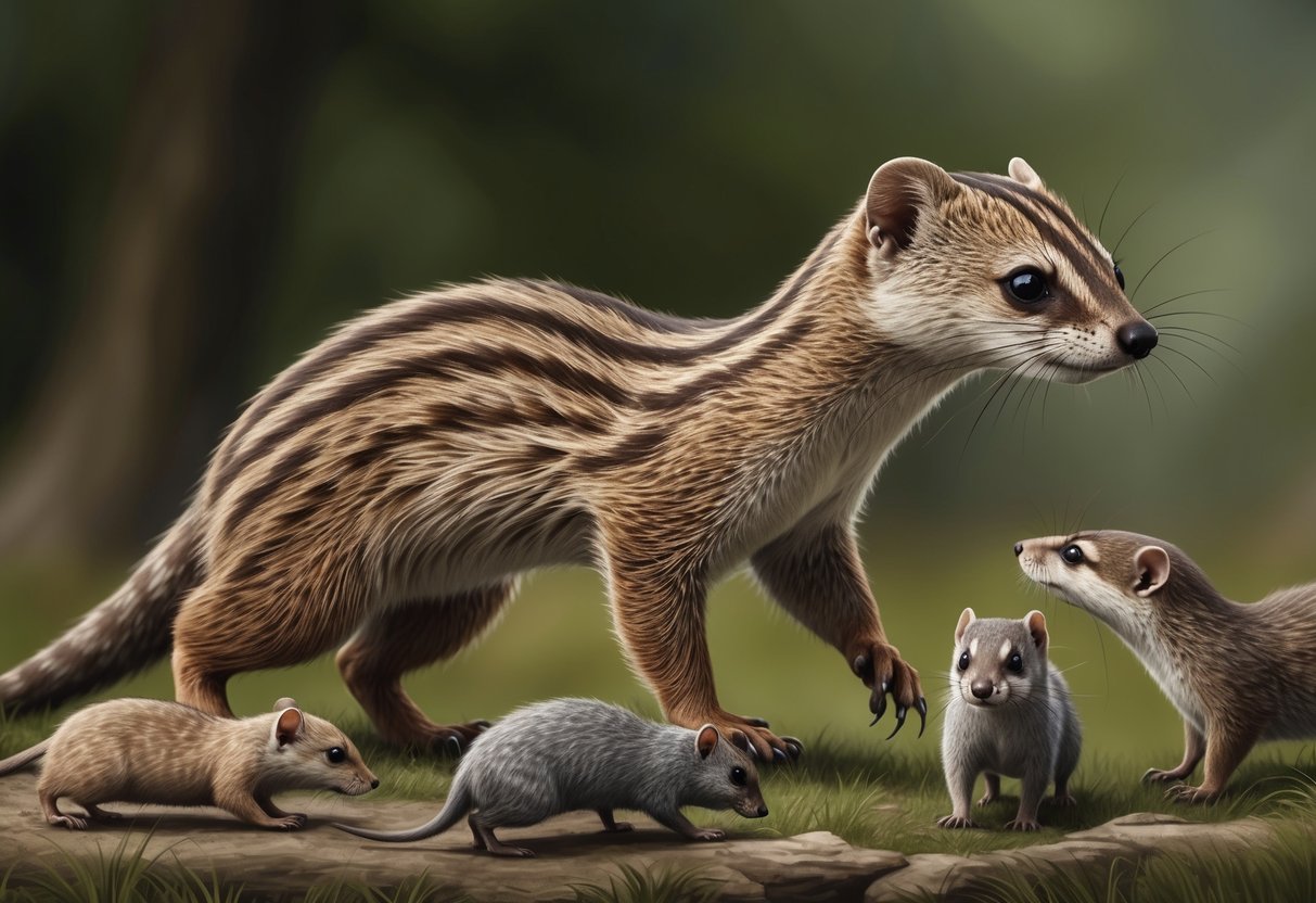 A weasel stalks a group of milling prey, its eyes fixed on the potential victims