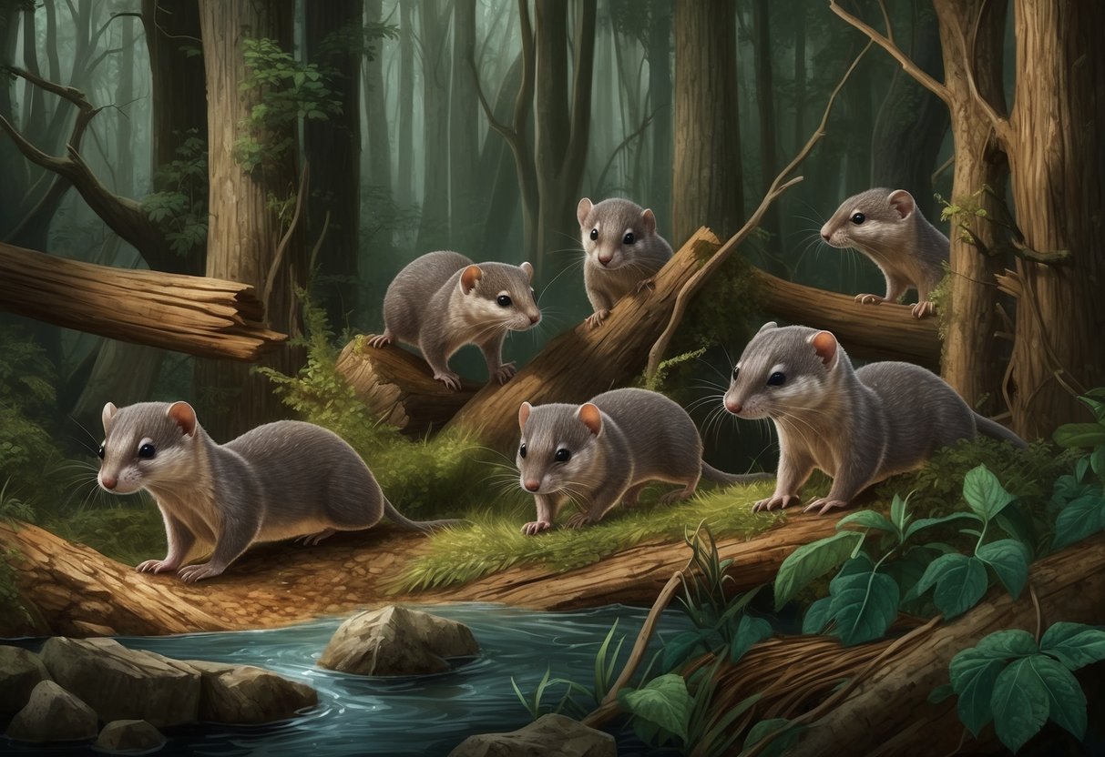 A group of millers weasels navigating through a dense forest, facing various obstacles in their quest for survival