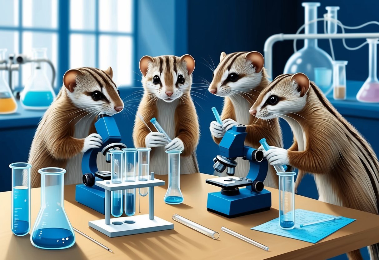 A group of millers weasels conducting scientific research in a laboratory setting, surrounded by test tubes, microscopes, and other scientific equipment