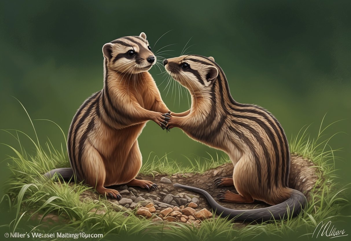 Two miller's weasels mating in a grassy burrow