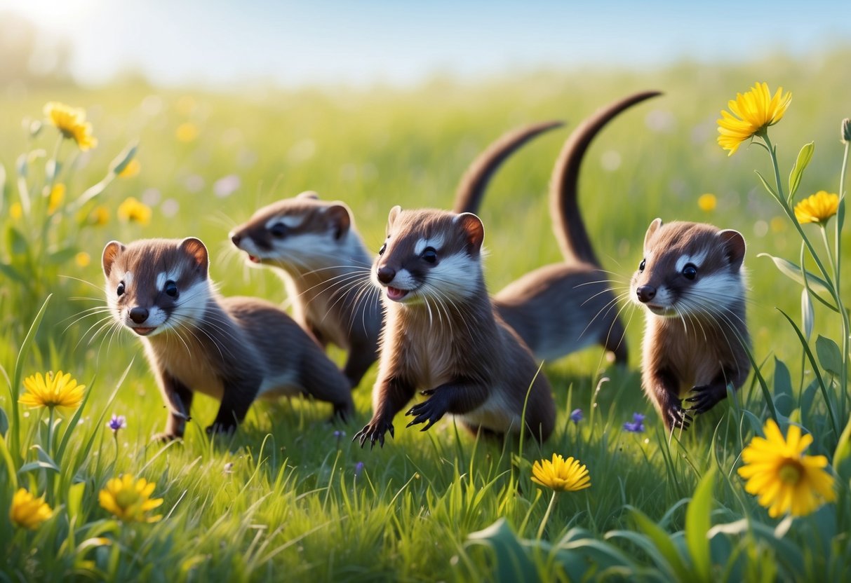 A family of weasels playfully frolic in a sun-dappled meadow, their sleek bodies darting through the grass and wildflowers