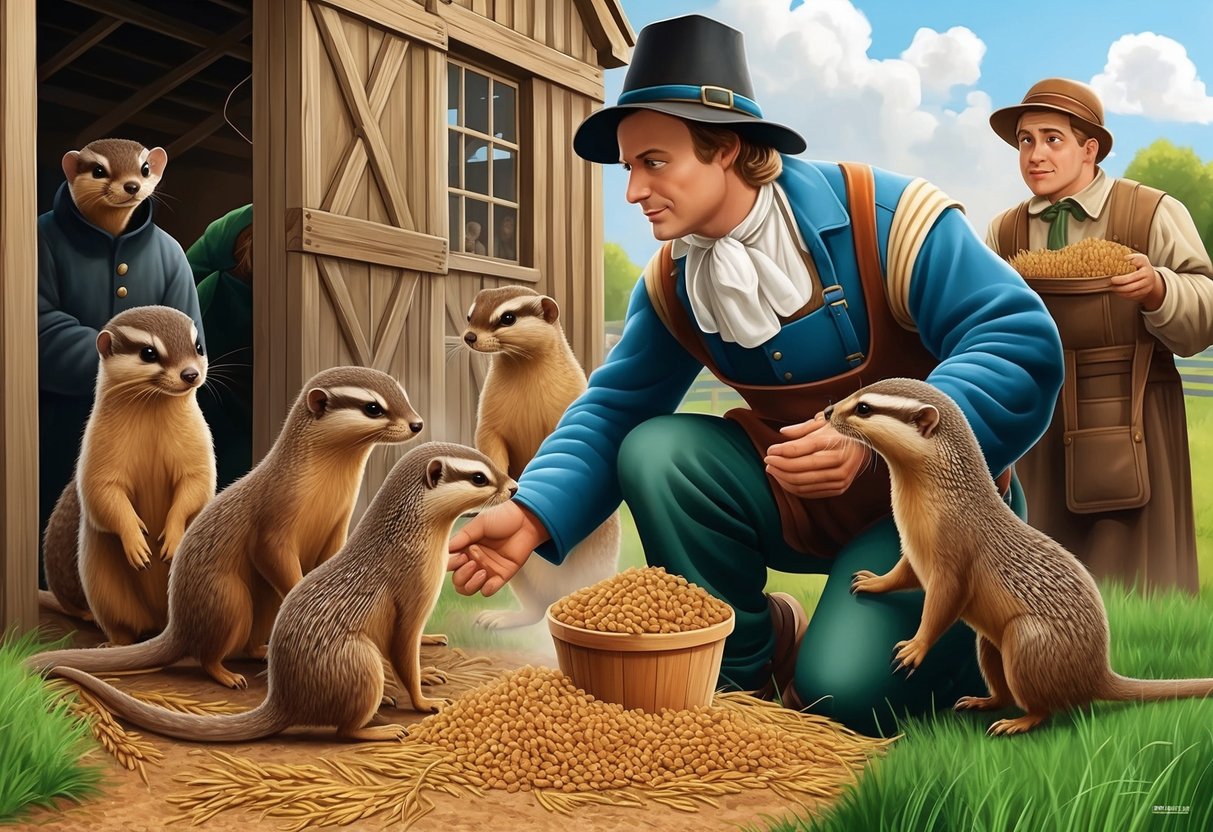 A miller feeds weasels by a barn, while others observe cautiously