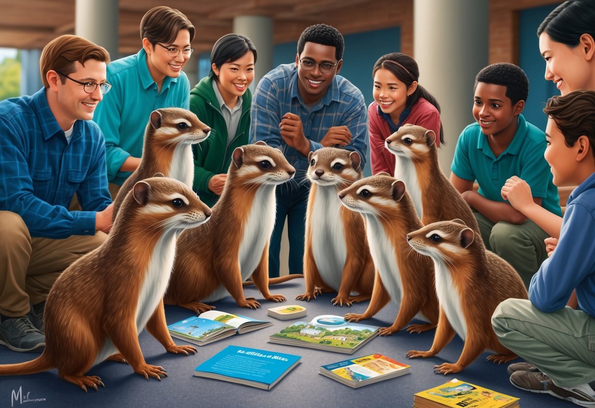 A group of millers weasels gather in a public space, surrounded by educational materials and engaging with curious onlookers