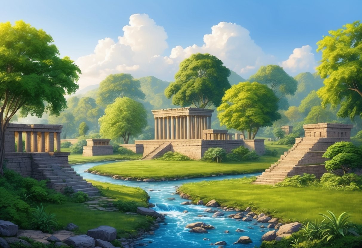 Lush greenery surrounds ancient stone structures, with clear skies and a flowing river, showcasing an advanced civilization's harmonious coexistence with the environment 12000 years ago