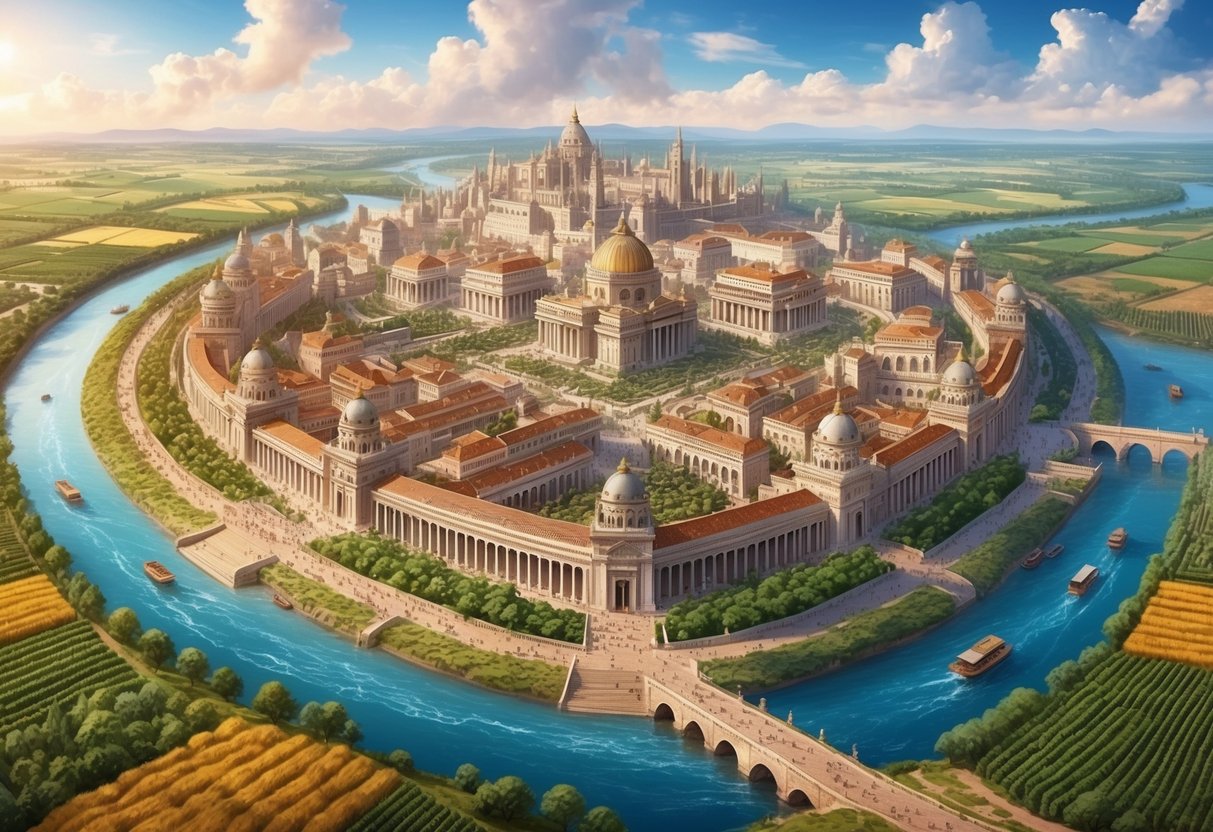 A bustling ancient city with grand architecture and advanced infrastructure, surrounded by fertile farmland and flowing rivers