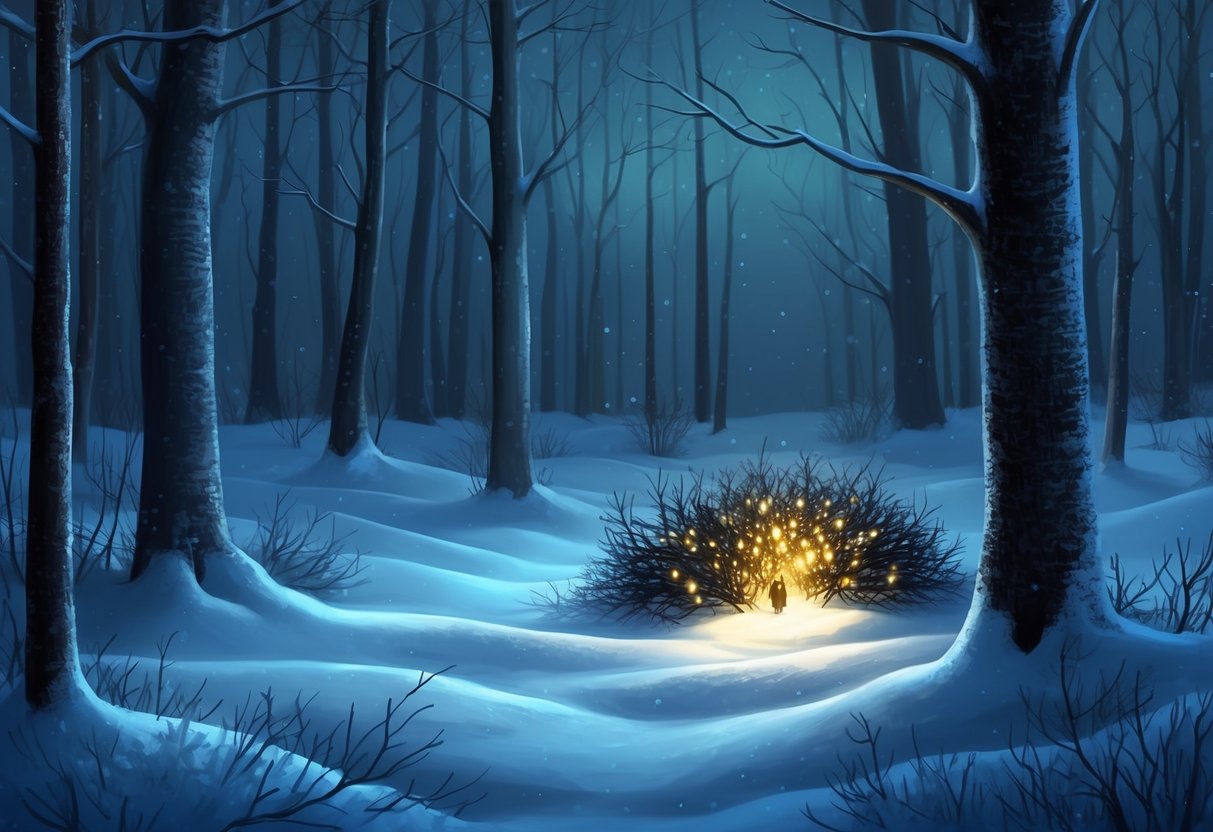 A dark winter forest with snow-covered ground, bare trees, and a few flickering lightning bugs huddled together in a small cluster, emitting a soft glow in the cold night