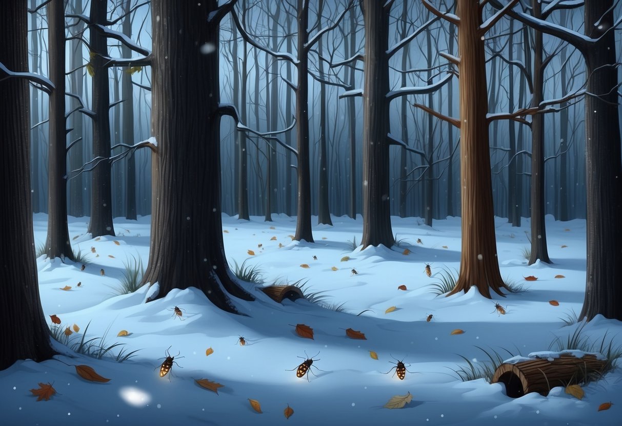 A dark forest with fallen leaves and bare trees.</p><p>Snow covers the ground as lightning bugs burrow into the earth for warmth during the winter