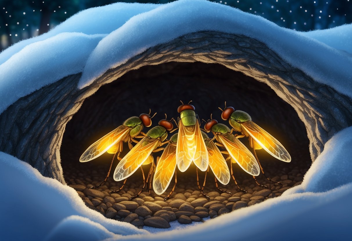 A group of fireflies huddle together in a cozy underground burrow, emitting a soft glow to keep warm during the winter months