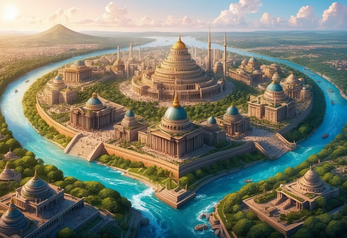 A bustling city with advanced architecture and technology, surrounded by lush greenery and flowing rivers, showcasing the achievements of a civilization 12000 years ago