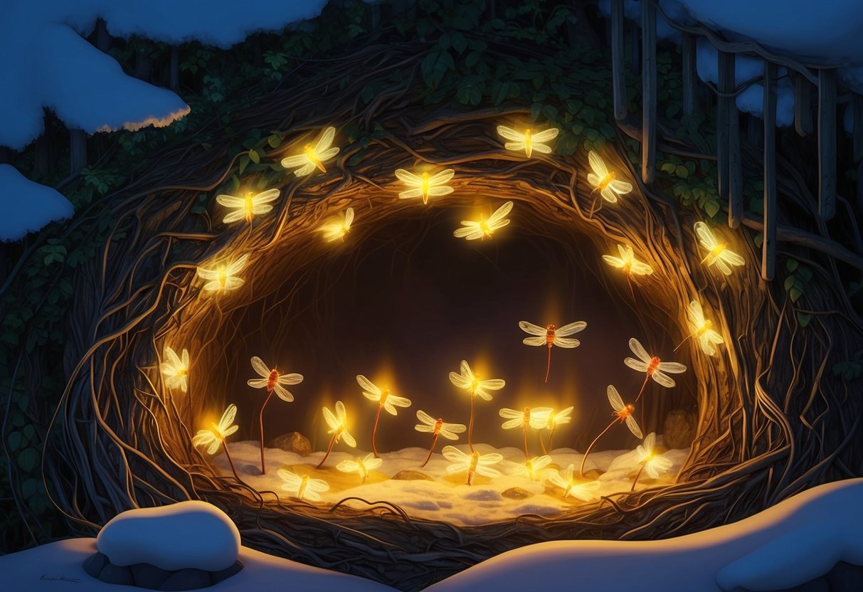 Fireflies gather in a cozy underground burrow, glowing softly to stay warm through the winter