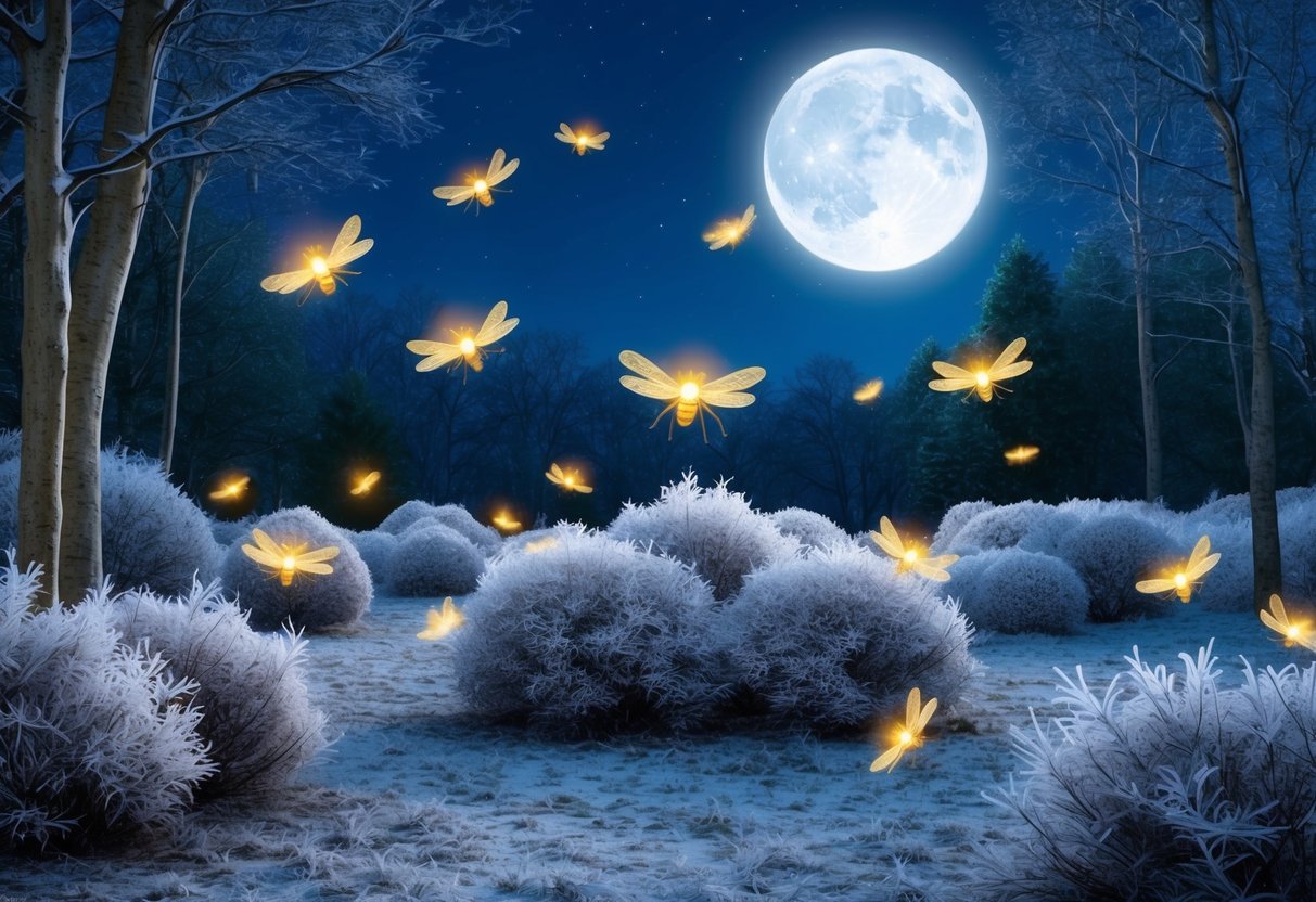 A moonlit forest clearing, filled with glowing fireflies hovering around a cluster of frost-covered bushes