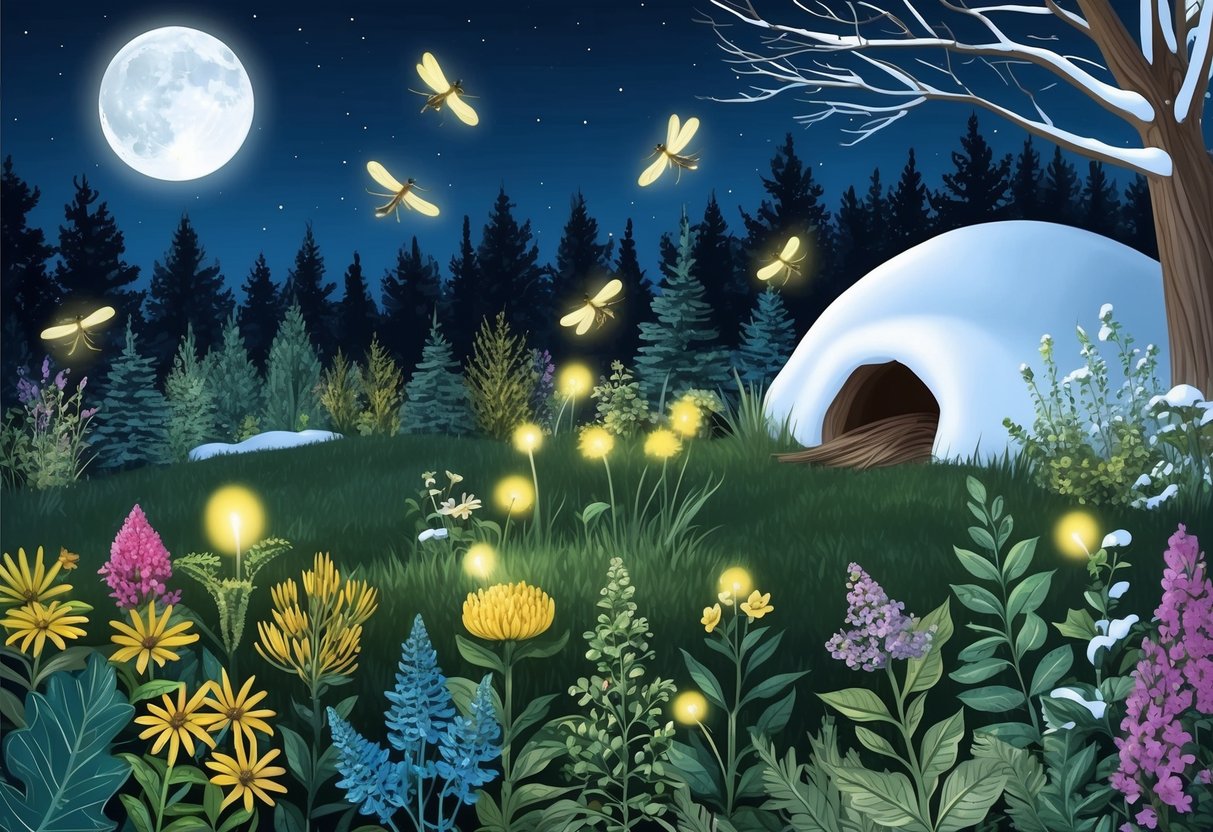 A moonlit forest clearing, with fireflies hovering around a variety of plants and flowers.</p><p>In the background, a cozy burrow nestled under a snow-covered tree