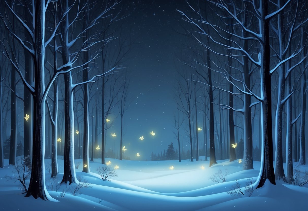 A dark, snow-covered forest with bare trees and a soft glow of fireflies hovering near the ground, illuminating the winter night