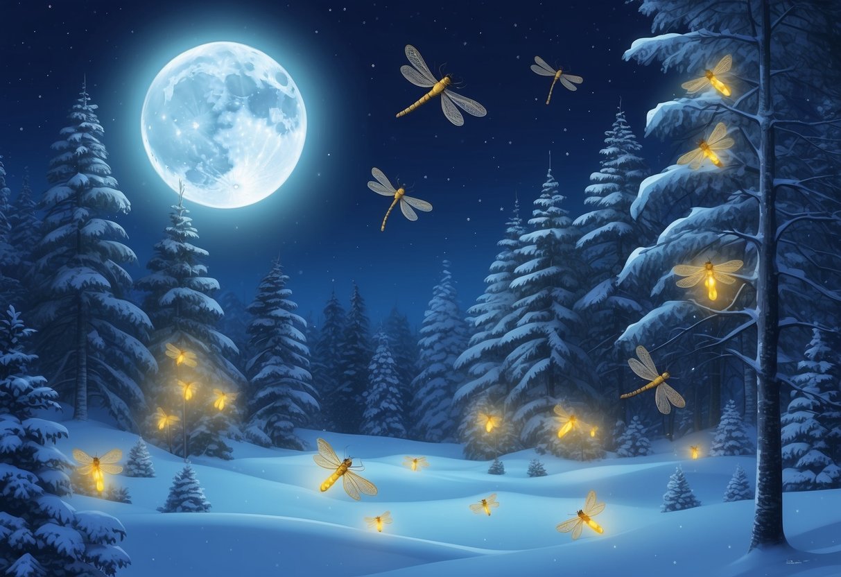 A moonlit forest with snow-covered trees, where firefly variants gather in clusters, their glowing bodies creating a mesmerizing display against the wintry backdrop