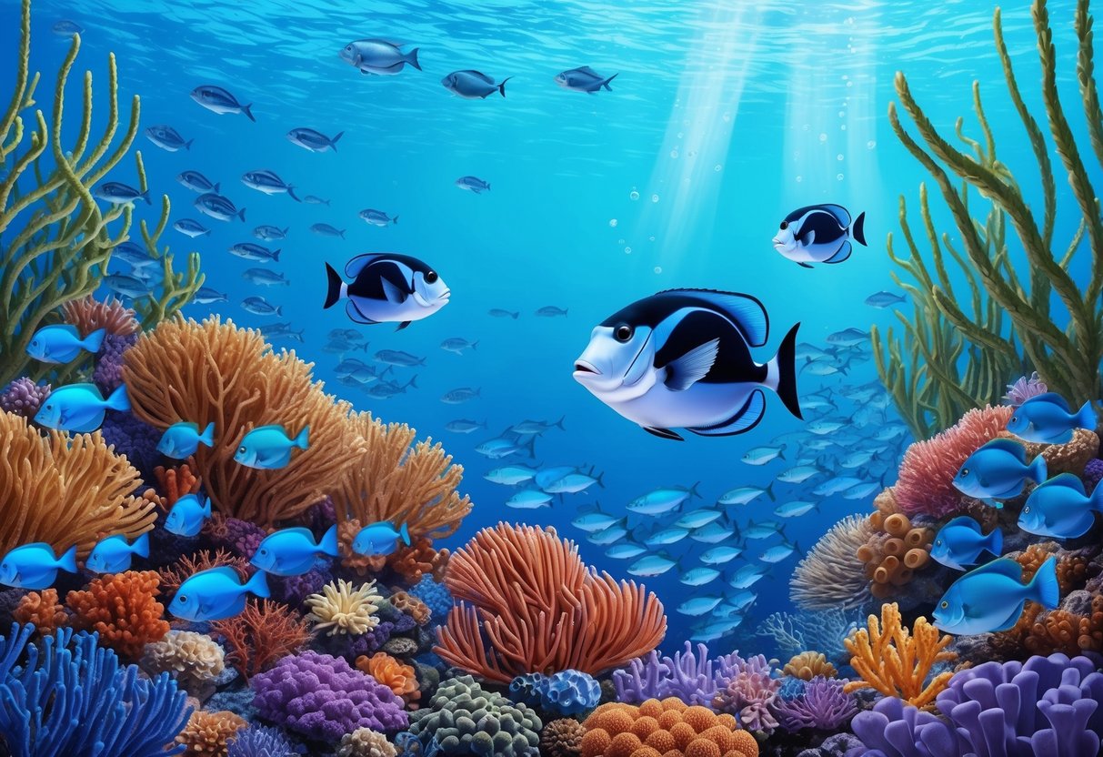 A vibrant coral reef with schools of fish, swaying sea plants, and clear blue water, where blue tangs swim gracefully