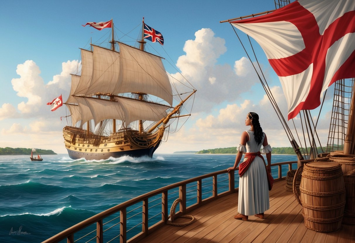 A ship sailing towards the shores of England with the Virginia Company's flag flying high, while Pocahontas stands on the deck, gazing at the new world ahead