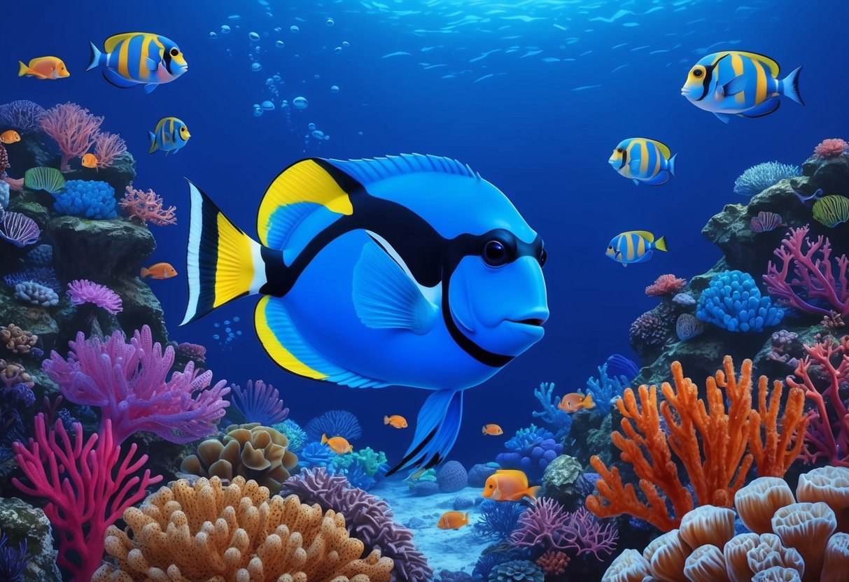 A blue tang swims among coral, surrounded by vibrant marine life