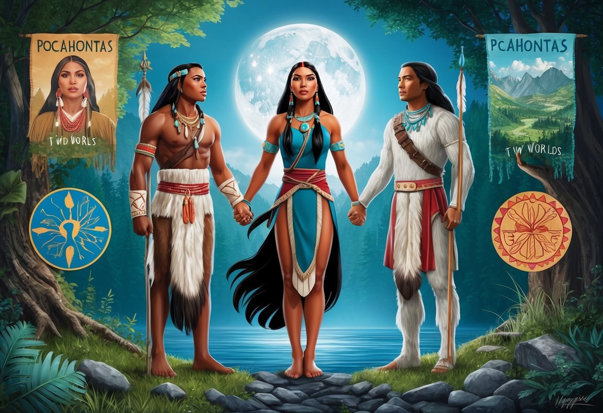 Pocahontas standing between two worlds, surrounded by nature and symbols of her cultural heritage