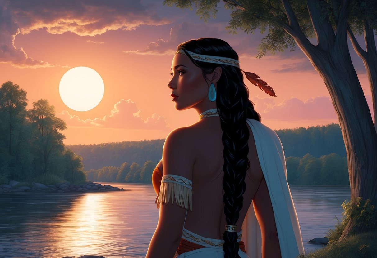 Pocahontas gazes out over the river, the sun setting behind the trees, her silhouette framed by the fading light