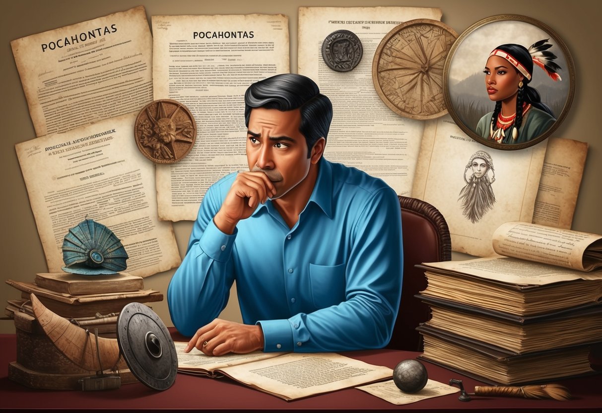 A researcher surrounded by old documents and historical artifacts, deep in thought while investigating the true story of Pocahontas