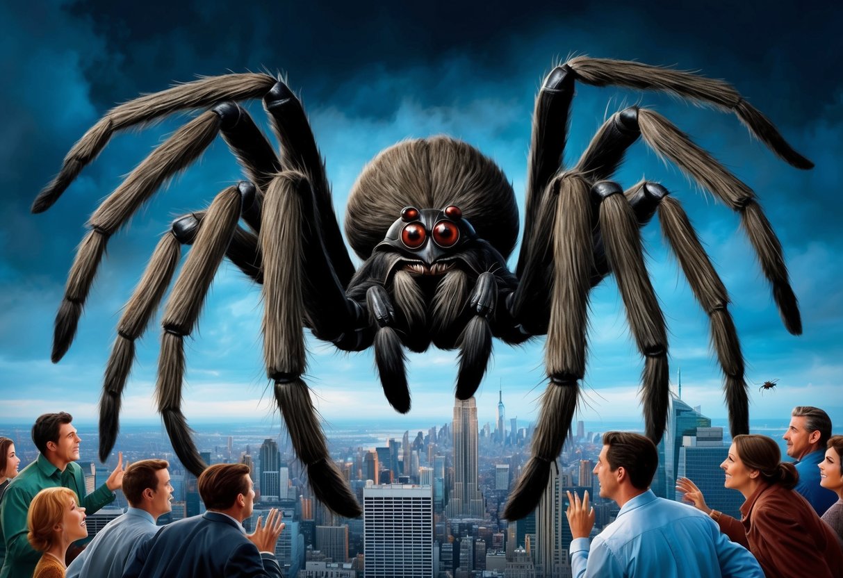 A giant spider looms over a city, its hairy legs stretching out as it interacts with terrified onlookers