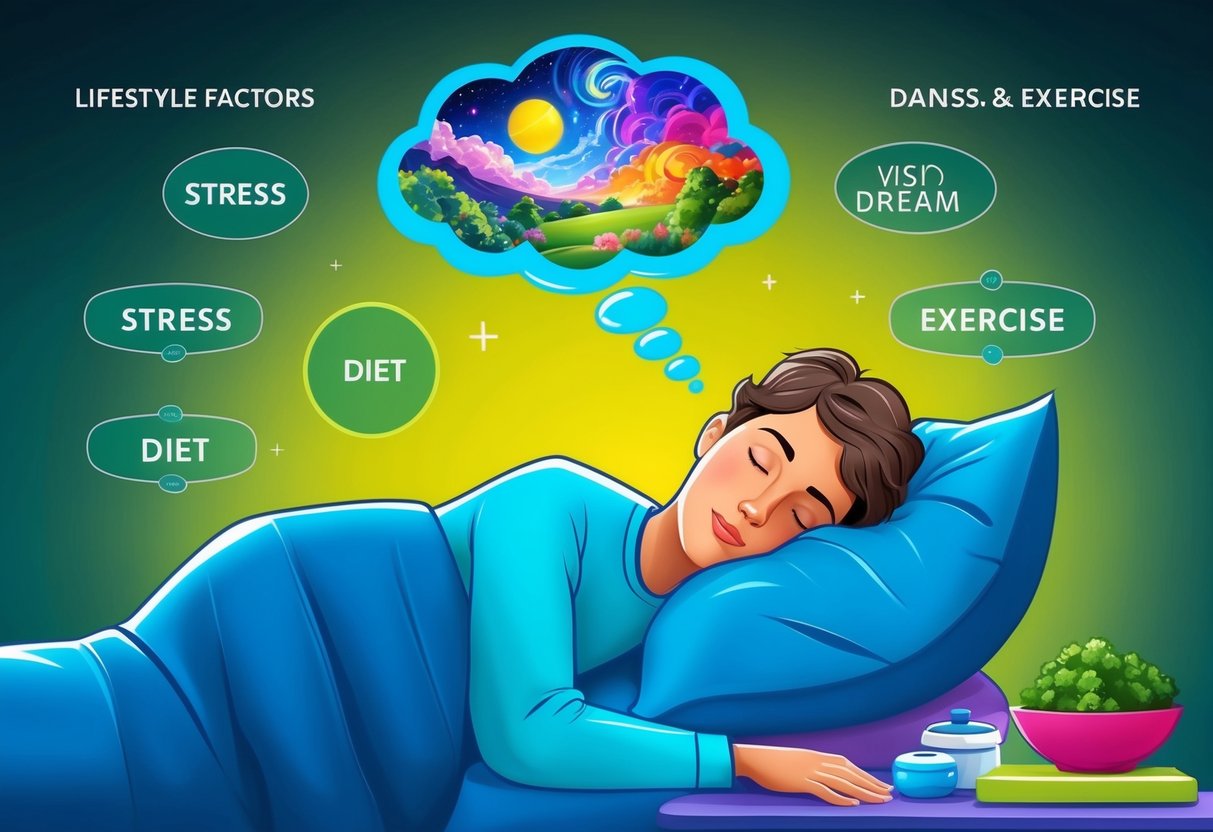 A person sleeping peacefully, surrounded by various lifestyle factors such as stress, diet, and exercise.</p><p>A thought bubble above their head contains vivid and colorful dream imagery