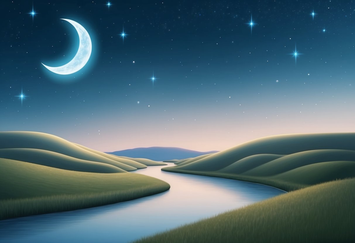 A peaceful night sky with a crescent moon and twinkling stars, casting a soft glow over a tranquil landscape of rolling hills and a calm, meandering river