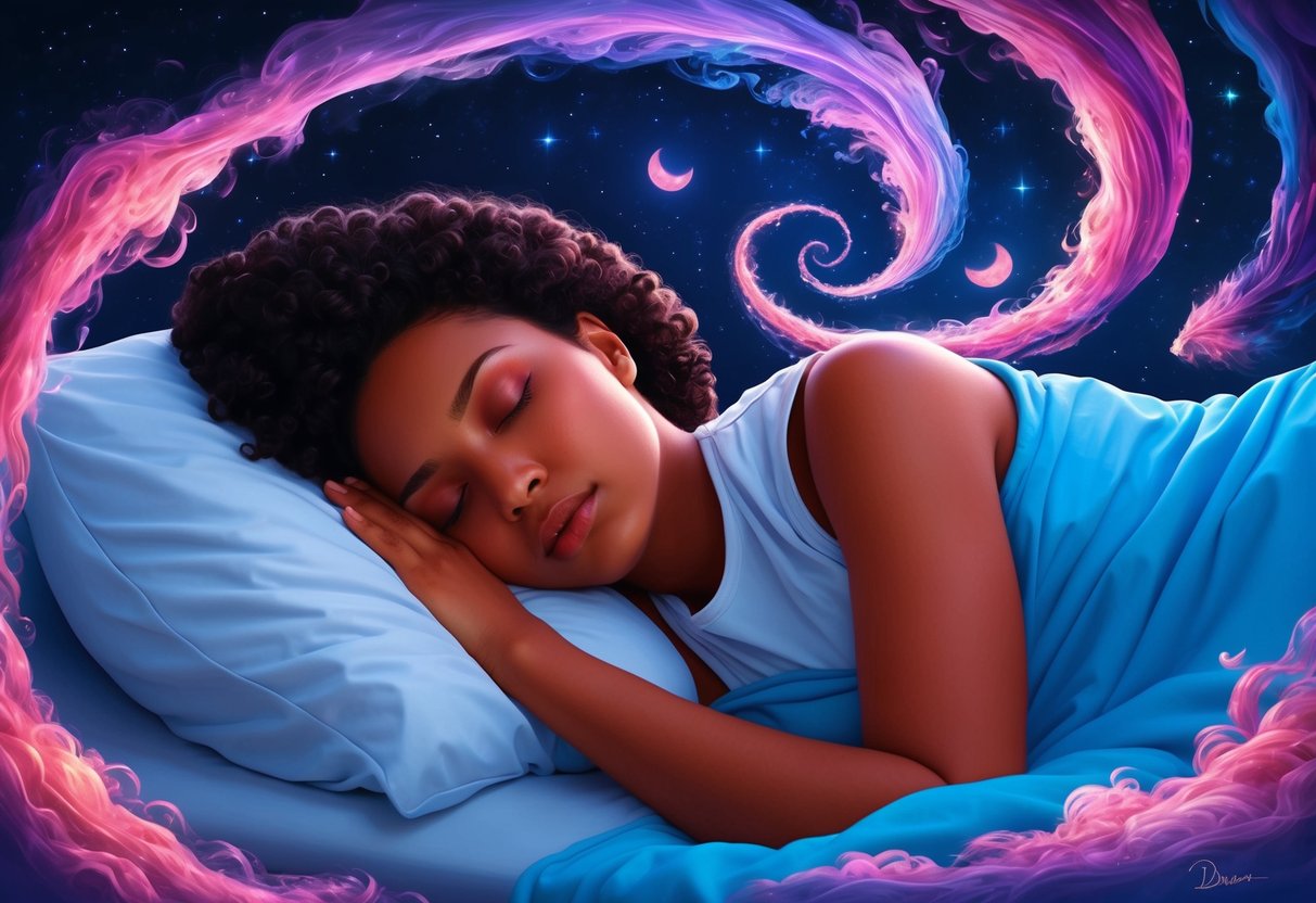 A person sleeping peacefully, surrounded by swirling, vibrant dream imagery