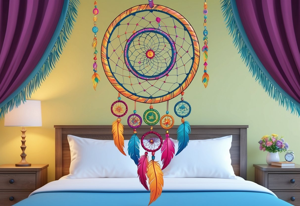 A colorful dreamcatcher hangs above a bed, with swirling patterns and symbols representing different cultures and creative aspects of dreams