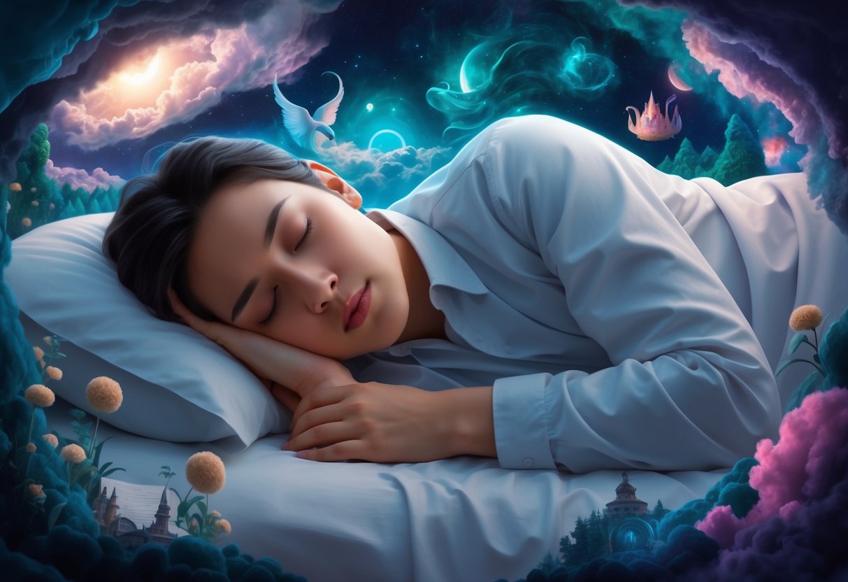 A person peacefully sleeping while surrounded by surreal and fantastical dream imagery, with a sense of tranquility and wonder