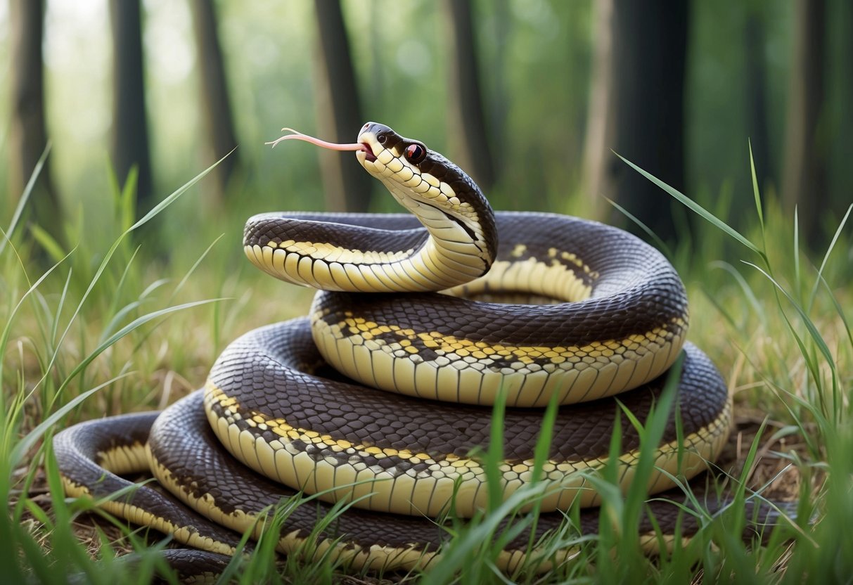 A coiled snake with a flicking tongue, slithering through tall grass in a forest clearing