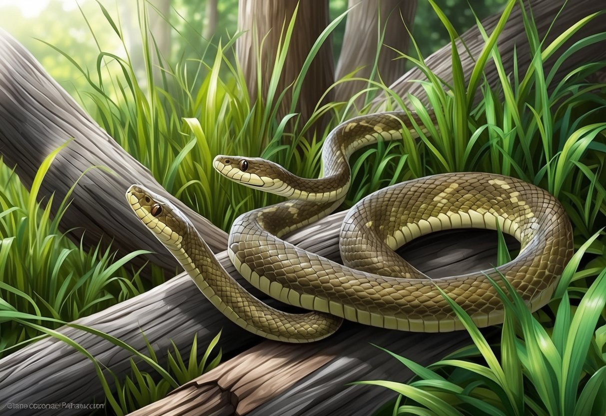 A snake slithers through a lush forest, weaving between fallen logs and tall grasses.</p><p>It blends seamlessly into its surroundings, its scales glistening in the dappled sunlight