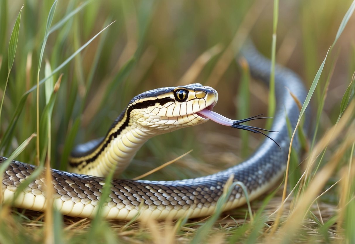 A snake slithers through tall grass, flicking its tongue to sense its surroundings.</p><p>Its scales glisten in the sunlight, blending with the earthy colors of its environment