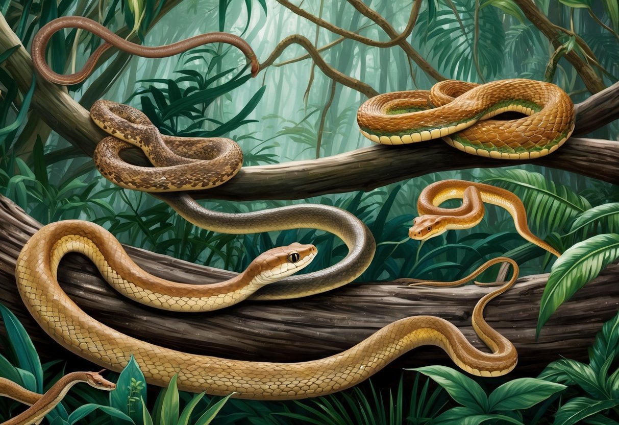 A variety of snakes slither through a dense jungle, coiled around branches and slithering through the underbrush