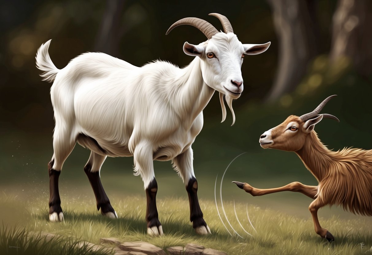 A goat with alert eyes watches as a predator approaches, ready to defend itself with headbutting and kicking