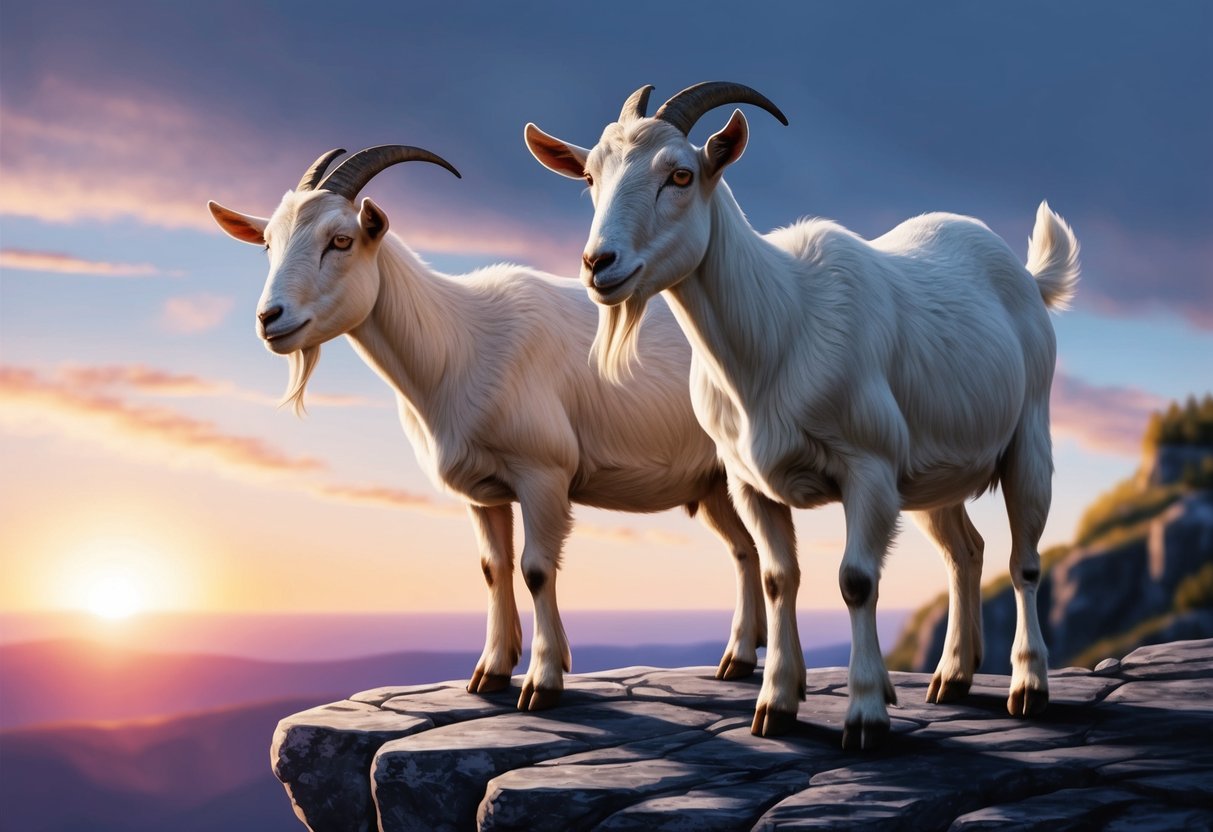 Two goats standing on a rocky cliff, their eyes fixed on the distant horizon as the sun sets behind them