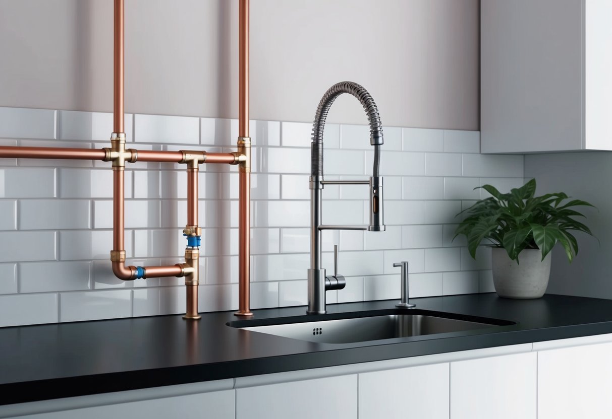 A modern kitchen with PEX pipes installed next to copper and PVC pipes, all leading to a sink faucet