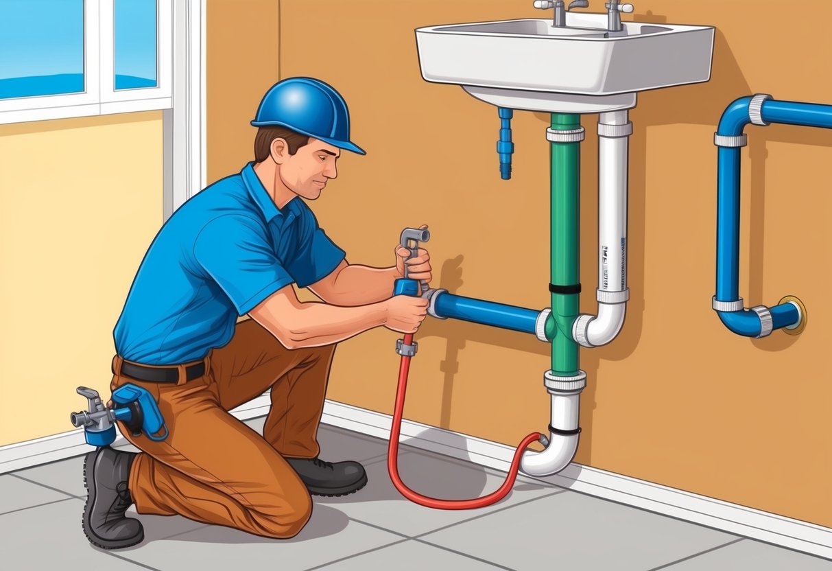 A plumber installing PEX pipes in a residential water system