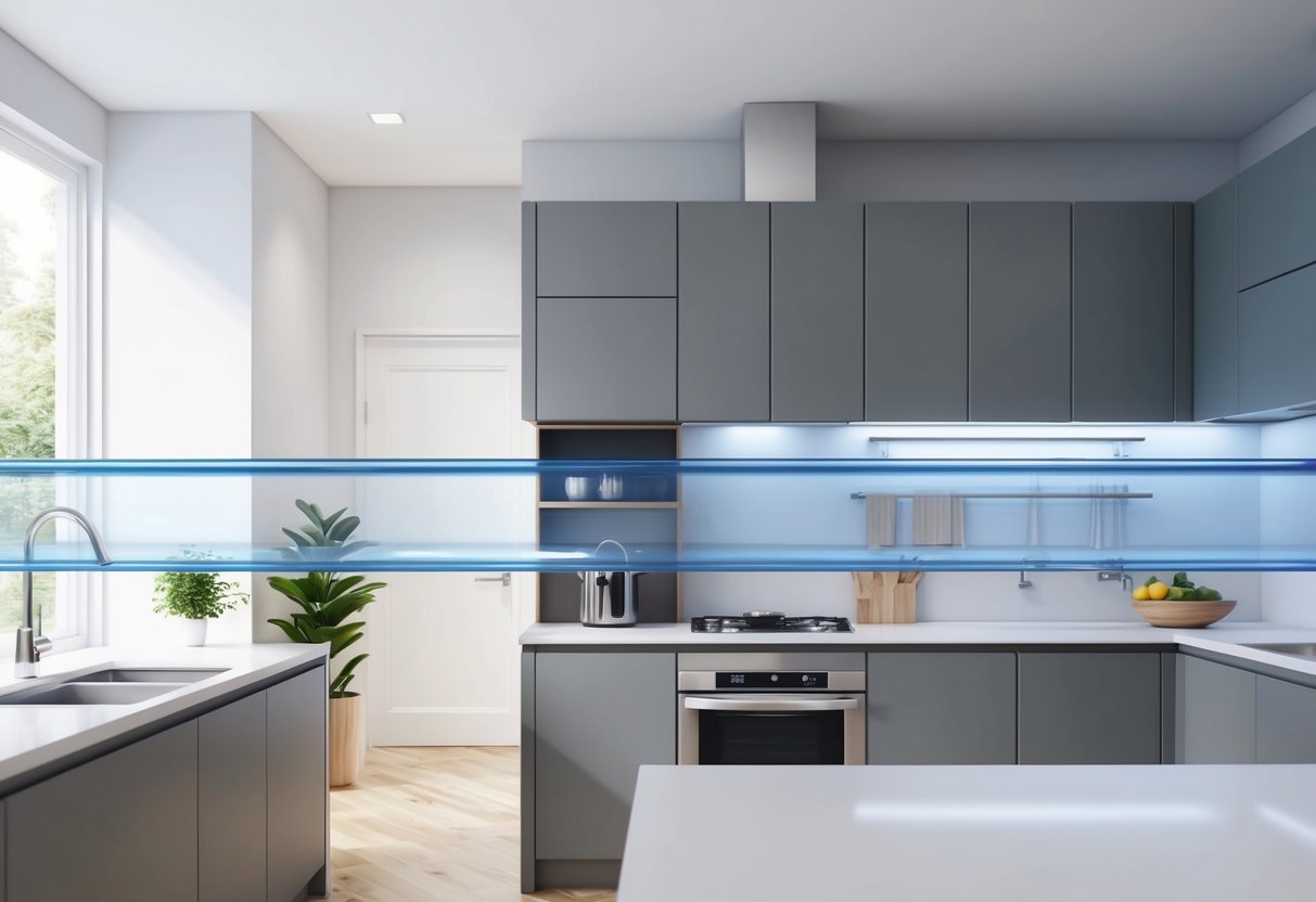 A clear PEX tubing running through a clean, modern kitchen, delivering fresh, safe drinking water