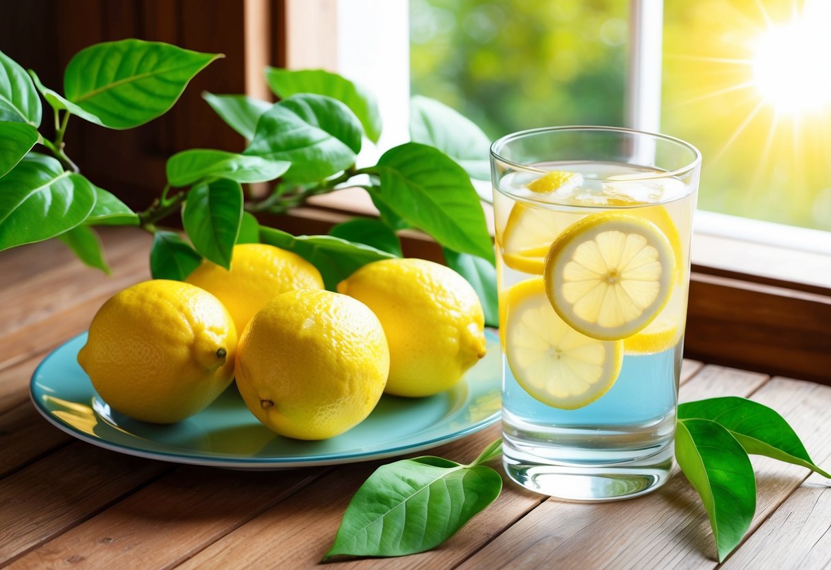 A glass of lemon water sits next to a plate of fresh lemons on a wooden table, surrounded by green leaves and sunlight streaming through a window